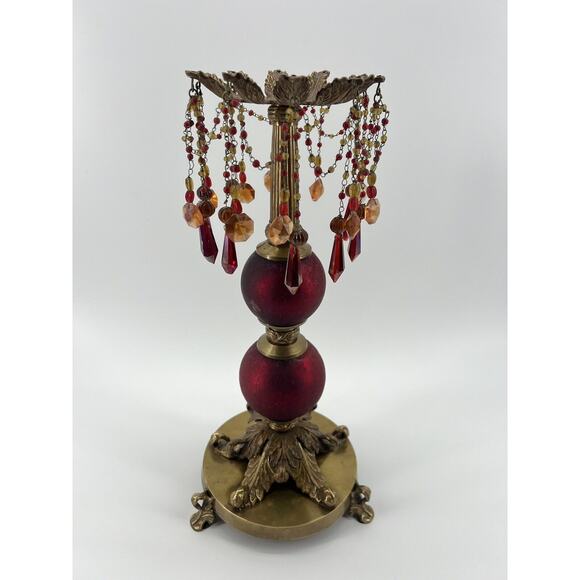 Victorian Baroque Ornate Beaded Ruby Red Glass Brass Candle Holder Prisms - Picture 3 of 11